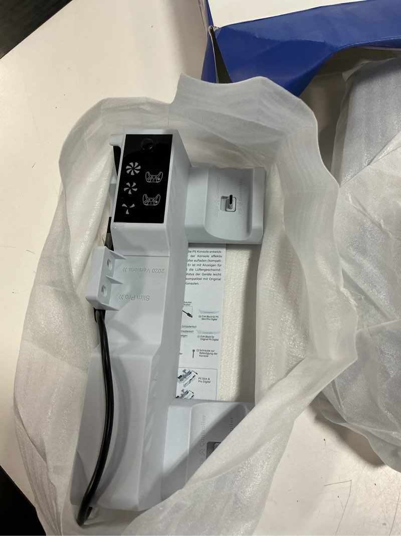 Condition photo showing Good Condition for ps5/slim/pro horizontal stand with cooling fan & charger for original & edge controllers, scalable design ps5 accessories base with eva foams for all ps five disc & digital, ps 5 sideways stand white white m
