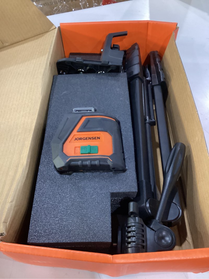 Condition photo showing Good Condition for jorgensen 360° laser level with tripod, 100 ft rechargeable laser level | self leveling, cross line, laser leveler tool, wide angle, green laser level, for picture hanging, floor tile, construction