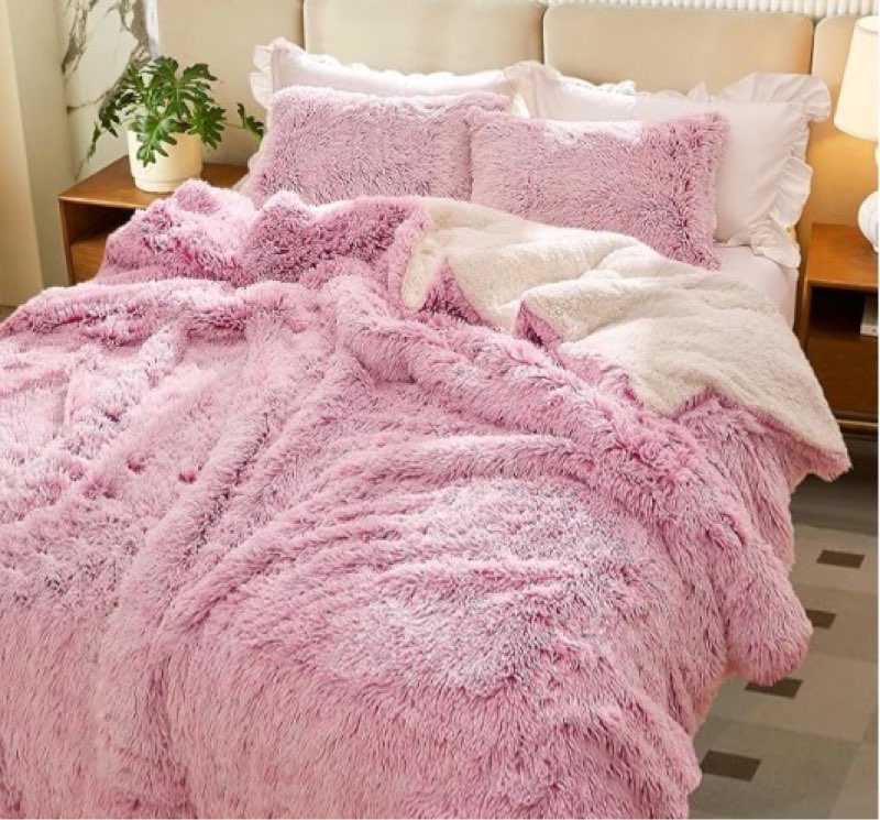 luxury faux fur shaggy fluffy comforter set full/queen size mixed old-pink and white long hair, 3 pieces plush flannel sherpa backing reversible soft microfiber bedding set super warm for winter