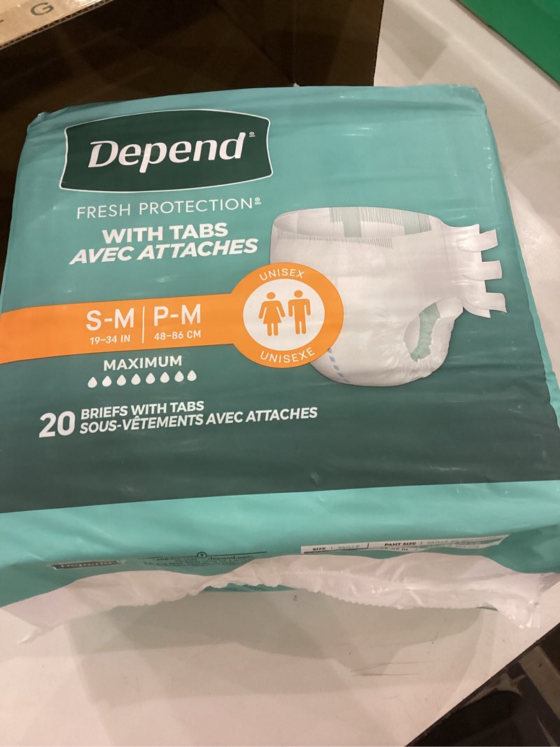 Depend Adult Diapers with Tabs, Incontinence Protection with Tabs, Unisex, Small/Medium (19–34\" Waist, Maximum Absorbency, 20 Count 