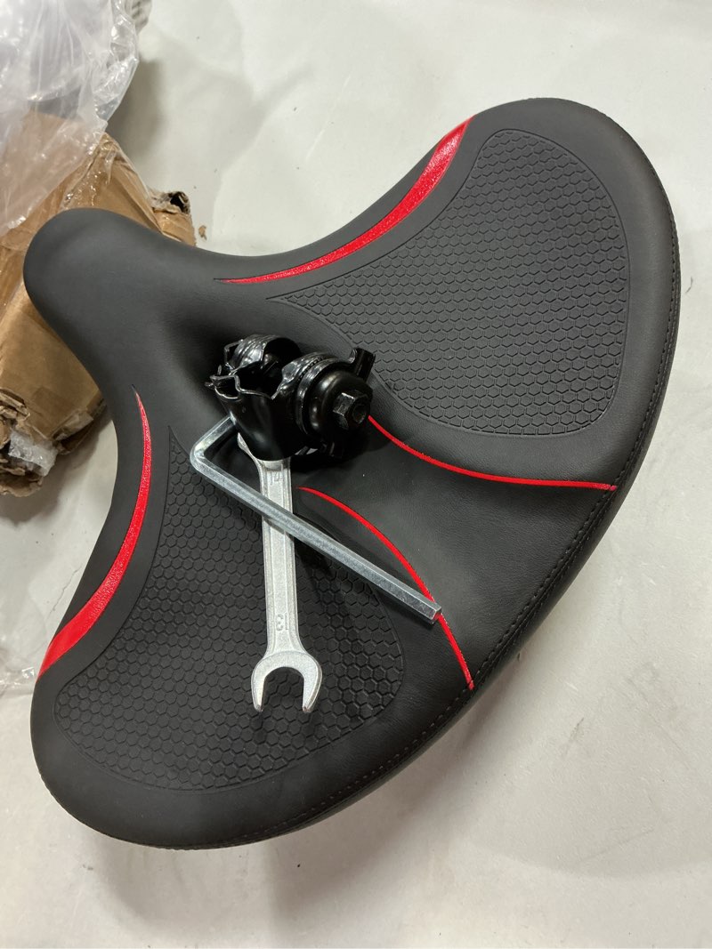 Condition photo showing Good Condition for oversized bike seat compatible with peloton, comfort bicycle seat replacement for men & women, extra wide bike saddle compatible with peloton, echelon, exercise, electric, cruiser bikes red