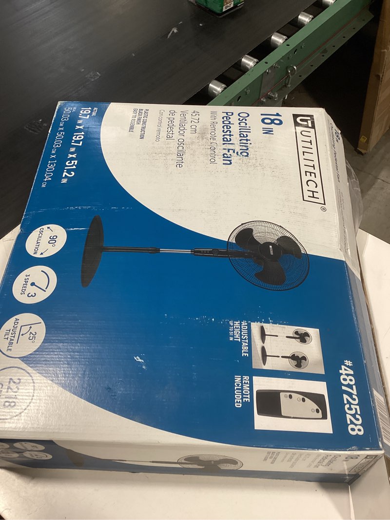 Condition photo showing As Is for utilitech 18-in 120-volt 3-speed indoor black oscillating pedestal fan with remote