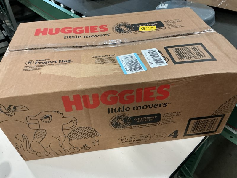 Condition photo showing New/Like New for Huggies Size 4 Diapers, Little Movers Baby Diapers, Size 4 (22-37 lbs), 150 Count (6 Packs of 25), Packaging May Vary Size 4 150