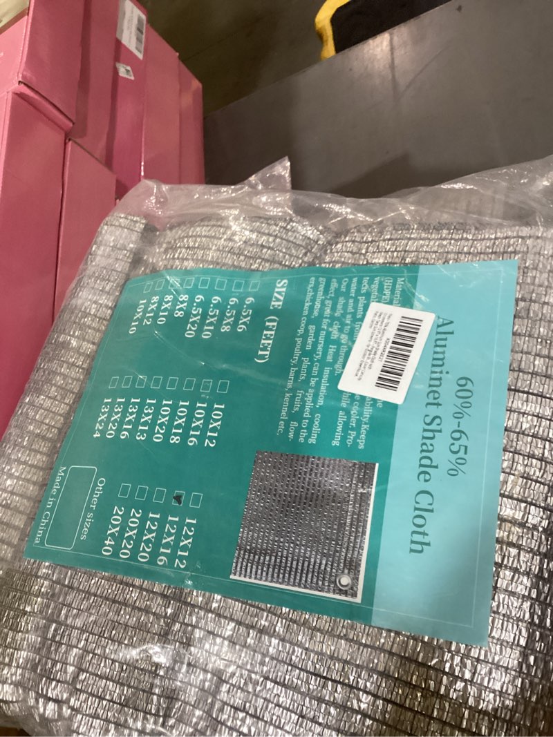 Condition photo showing New/Like New for 70% aluminum sun shade cloth with grommets 12ft x 16ft, silver reflective mesh tarp sun shade cover for pergola, patio, garden, greenhouse, car, kennel, swimming pool, outdoor