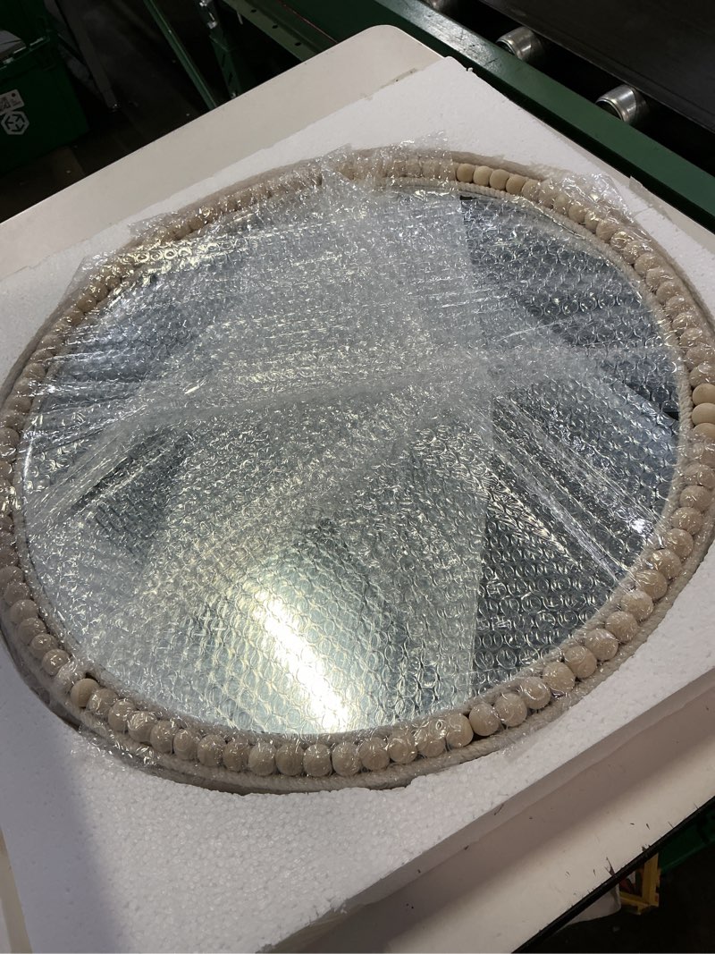 Condition photo showing New/Like New for 20 inch boho beaded round mirror wall decor, decorative hanging circle nursery mirrors for girl room, farmhouse, livingroom, bedroom 20"l x 20"w