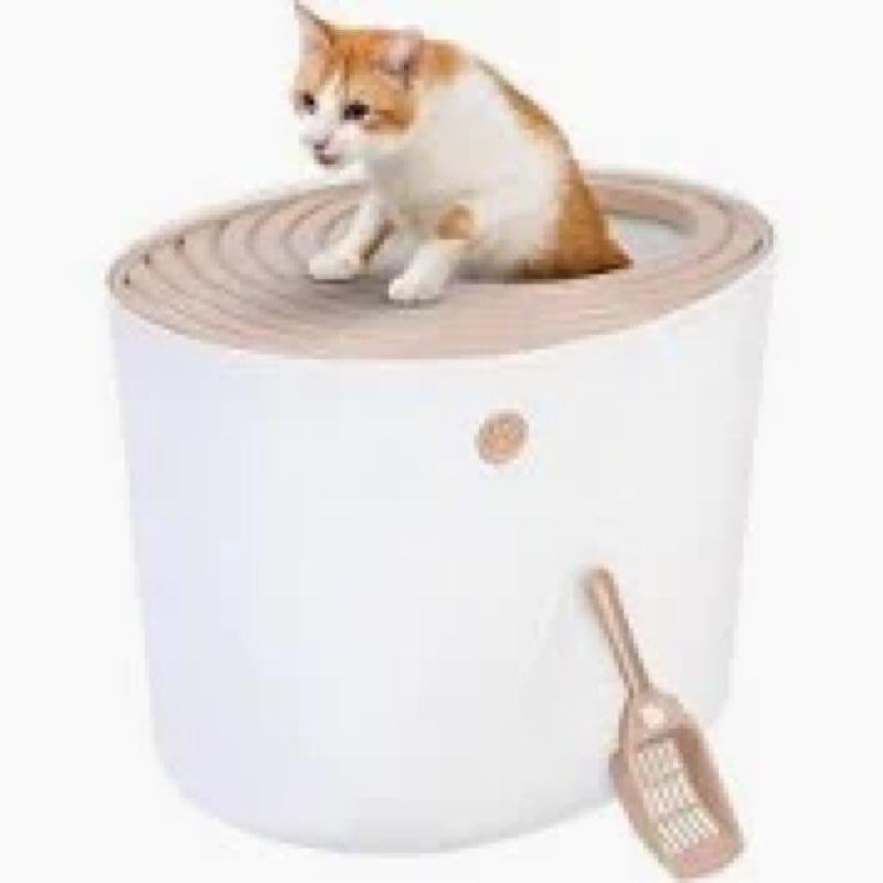 IRIS USA Oval Top Entry Cat Litter Box with Litter Catching Lid, Privacy Walls and Scoop, White/Beige