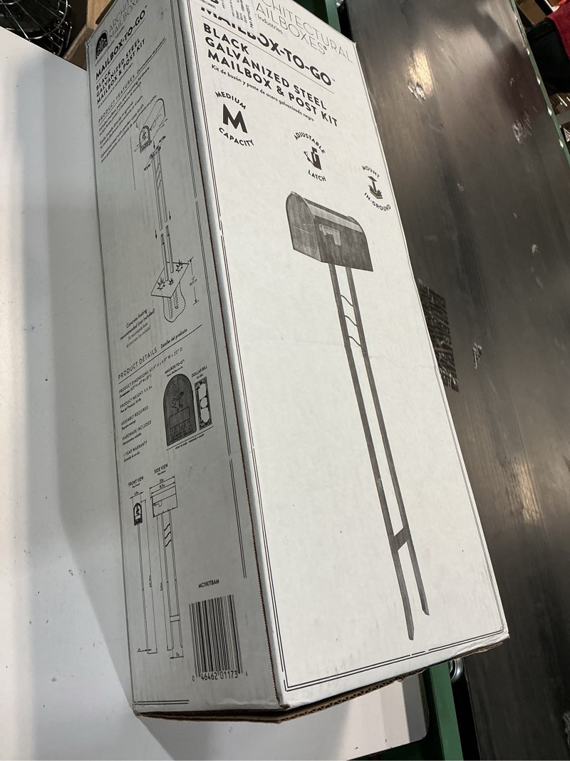 Condition photo showing As Is for Architectural Mailboxes Mailbox to Go Galvanized Steel Mailbox and Post Kit, MC11KITBAM, Black, Medium Capacity Black Mailbox