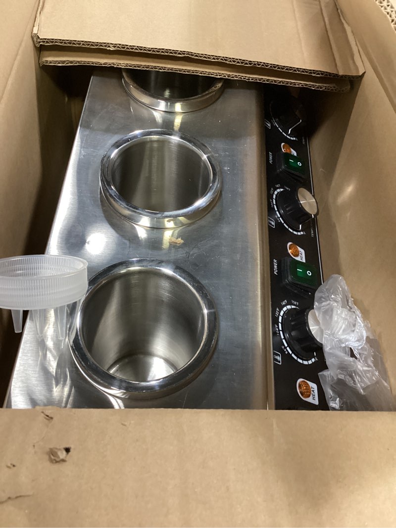 Condition photo showing As Is for johakyu commercial electric sauce warmer dispenser – stainless steel countertop hot fudge/nacho cheese warmer with 3×650ml squeeze bottles and 3 funnels 3 grids