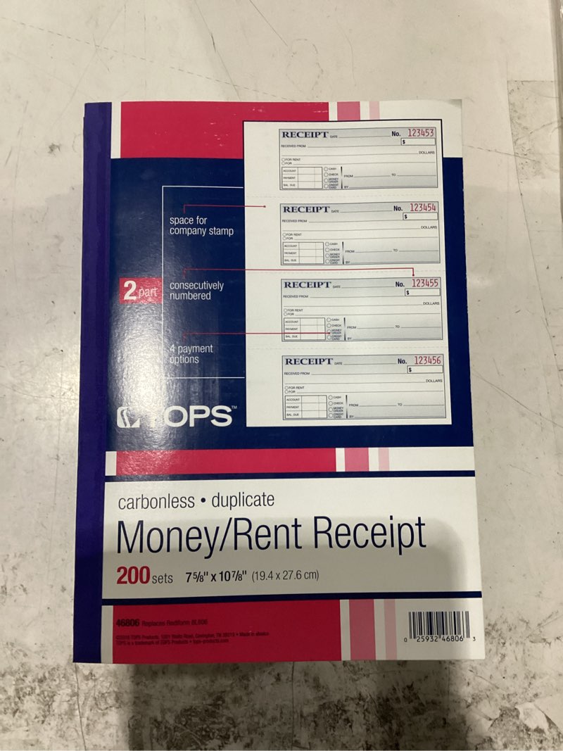 Condition photo showing New/Like New for adams money and rent receipt book, 3-part, carbonless, white/canary/pink, 7-5/8" x 10-7/8", bound wraparound cover, 100 sets per book, 4 receipts per page (tc1182) 11" x 7-5/8"
