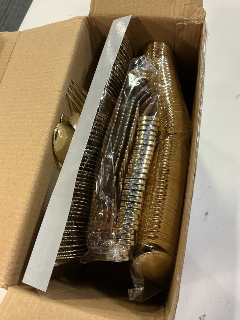 Condition photo showing item condition for WDF 180 Pieces Disposable Plastic Gold Silverware Cutlery - Disposable Flatware Set 60 Forks, 60 Knives and 60 Spoons - Heavy Duty Gold Plastic Cutlery - Utensils for Baby Shower Wedding Spring Gold - Modern - 180PCS