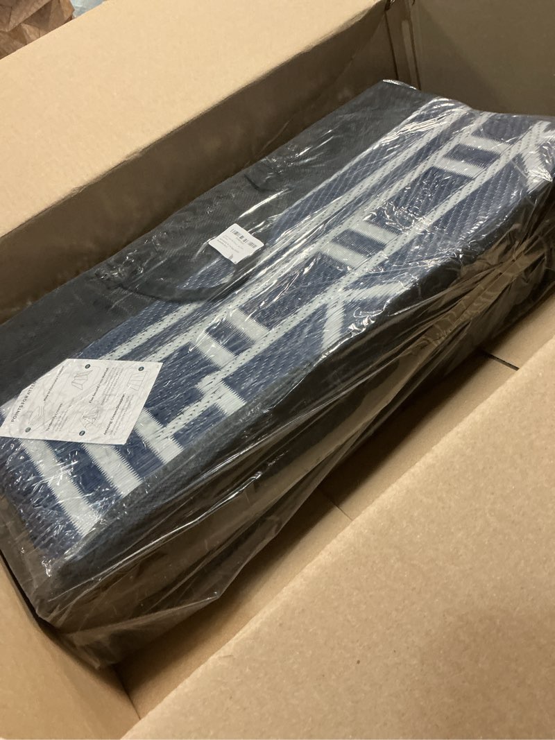 Condition photo showing New/Like New for GENIMO Outdoor Rug Waterproof for Patio Decor, 9'x12' Foldable Reversible Plastic Straw Carpet for Travel Trailers, Outside Area Mat for Rv, Deck, Picnic, Porch, Camper, Balcony, Beach, Blue & White
