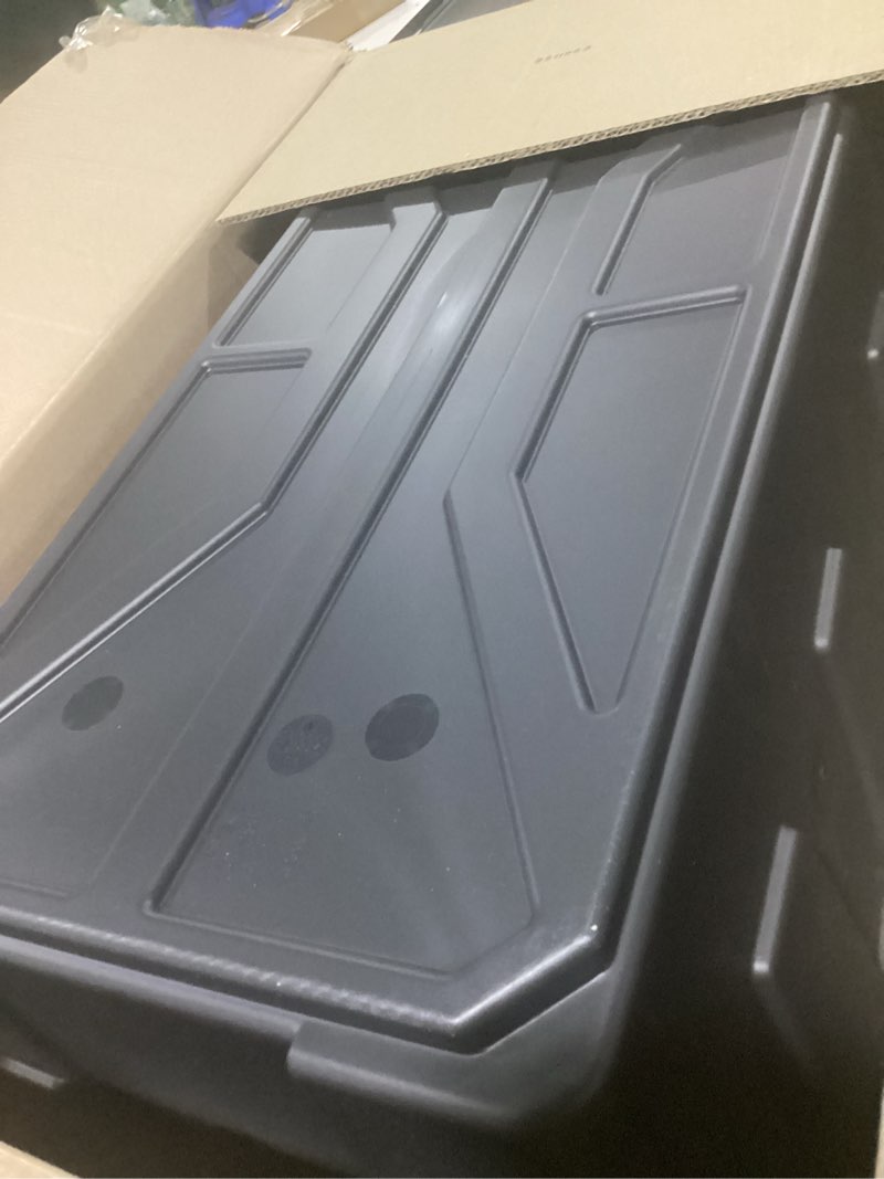 Condition photo showing As Is for sterilite 19 gallon plastic stacker tote, heavy duty lidded storage bin container for stackable garage and basement organization, black, 1-pack