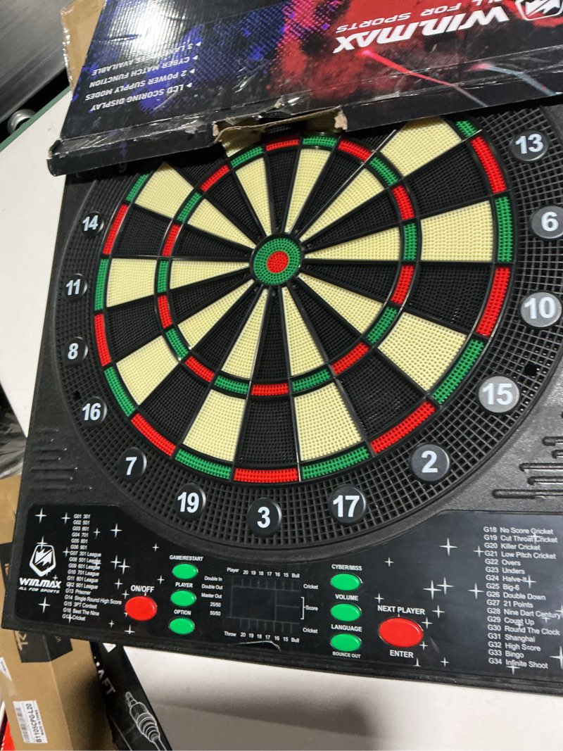 Condition photo showing As Is for win.max electronic dart board, led display automatic scoring dartboard sets for adults with 12 darts 100 soft tips, dart board electronic scoreboard, power adapter, outdoor, up to 8 players electronic dartboard