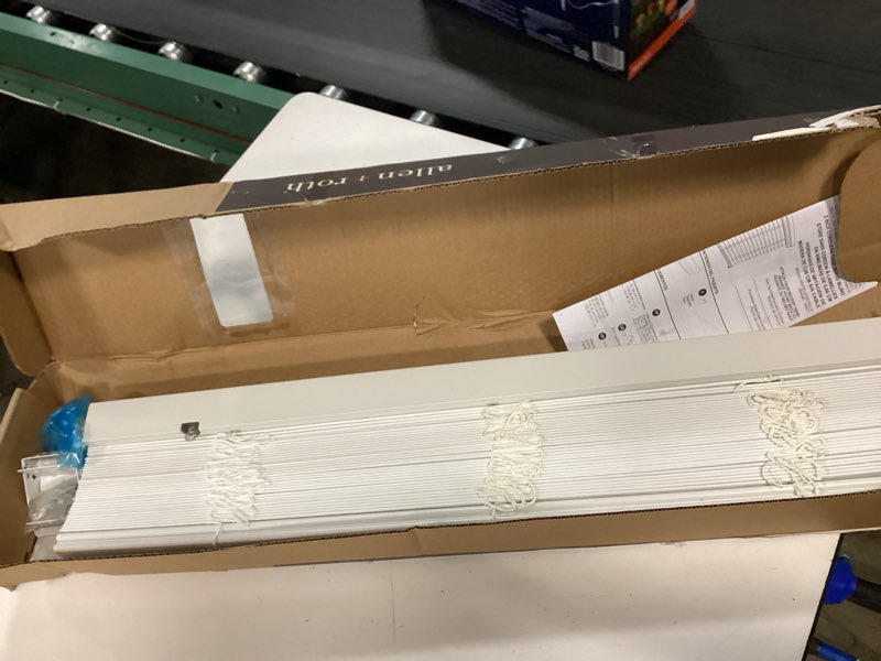 Condition photo showing As Is for an allen + roth 2-inch cordless room-darkening faux wood blind in a white finish 29.5 in x 64in