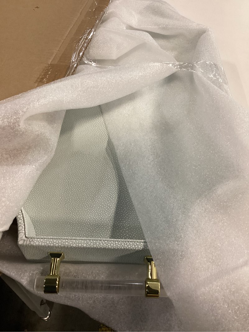 Condition photo showing New/Like New for 22.6'' × 13'' Coffee Table Tray Shagreen Decorative Tray for Ottoman Home Decor Serving Tray with Acrylic Gold Handles Modern Elegant Scalloped Large Ottoman Tray Ice Blue 22.6" x 13" x 2"