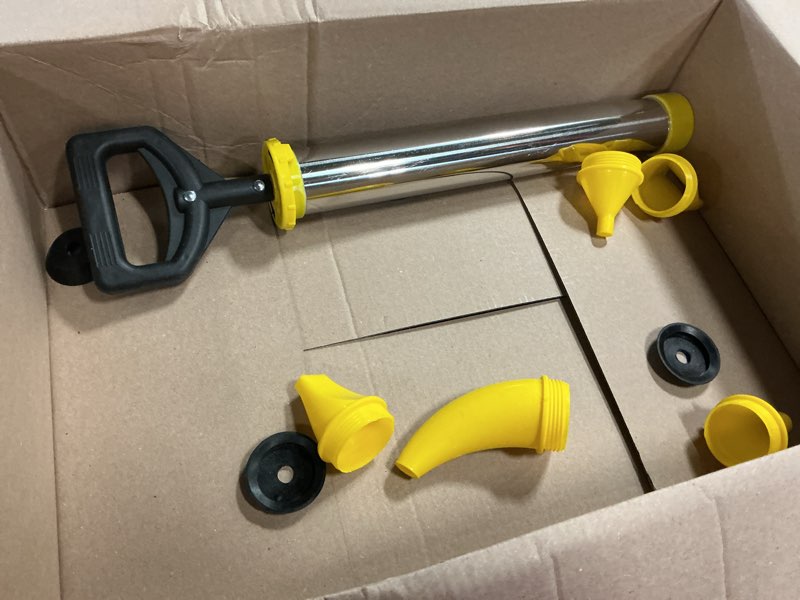 Condition photo showing As Is for mortar pointing grouting gun, cement caulking pump with 5 nozzles for grouting of doors & windows, stainless steel mortar sprayer applicator tool for grouting, sealing, joint filling (yellow)