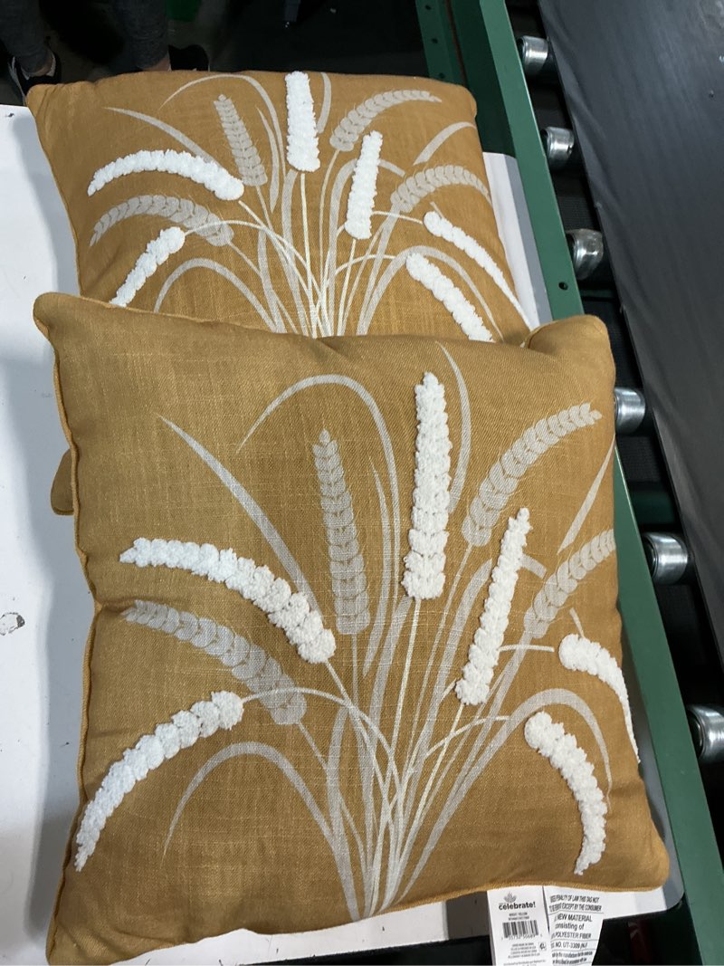 Condition photo showing As Is for way to celebrate 18\" x 18\" yellow wheat reversible decorative pillow (pack of 2)