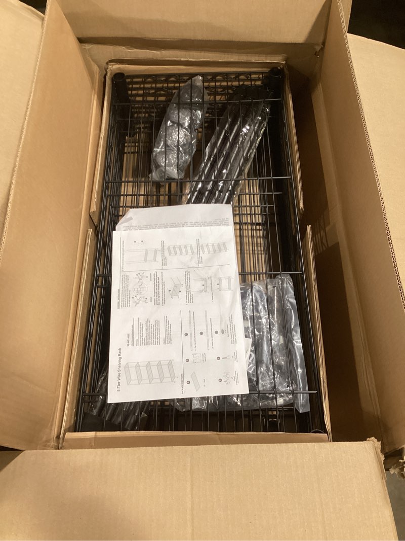 Condition photo showing Good Condition for Storage Shelves 5-Tier Large Capacity Wire Shelving with Hooks, Heavy Duty Garage Shelving Unit with Leveling Feet, Stable Metal Shelf for Pantry, Kitchen and Closet, 72" H x 36" W x 12" D, Black