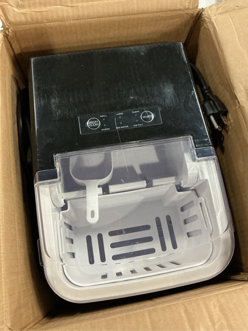 Condition photo showing As Is for sweetcrispy countertop ice maker machine self-cleaning, fast making 9 ice cubes in 6 minutes, 26.5lbs/24hrs, 2 sizes bullet ice, portable ice machine with ice scoop, basket and handle, black