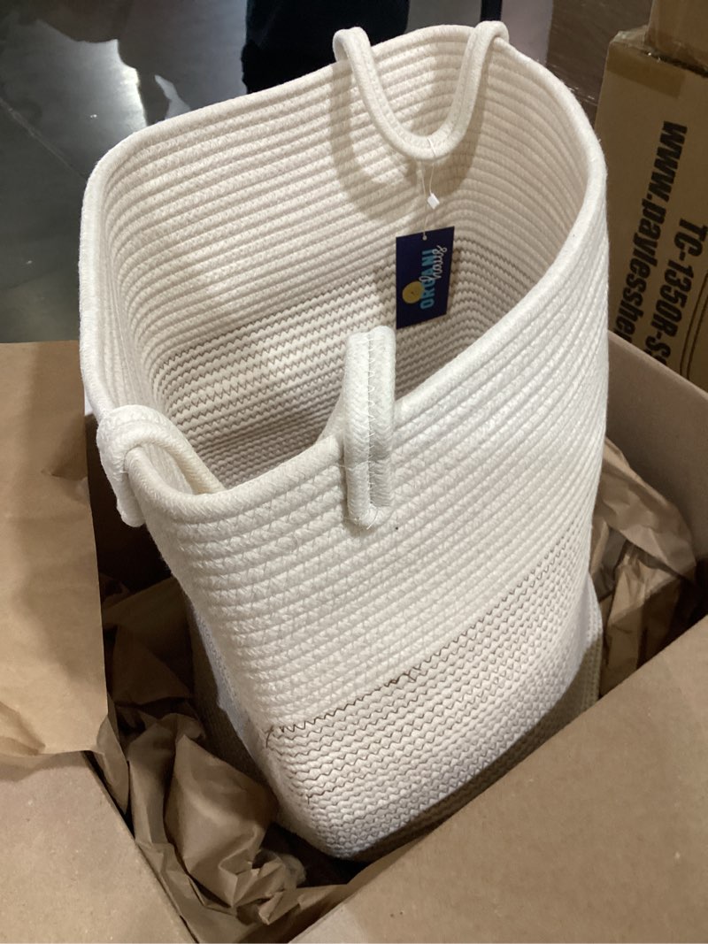 Condition photo showing Good Condition for laundry basket,woven cotton rope laundry hamper,versatile storage for dirty clothes,baby toys,and blankets in bathroom