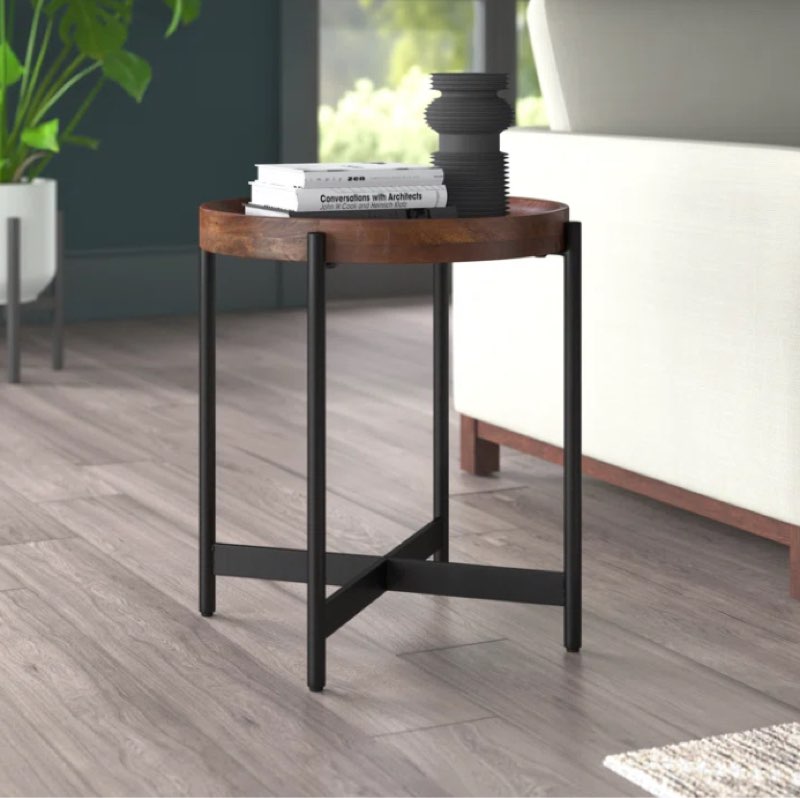 Lemley Brookline 20 in. Round End Table - Tray Style Top with Fixed Solid Wood Top & Powder-Coated Iron Legs - Medium Chestnut - Accent Furniture - Living Room - Rustic, Farmhouse, Industrial