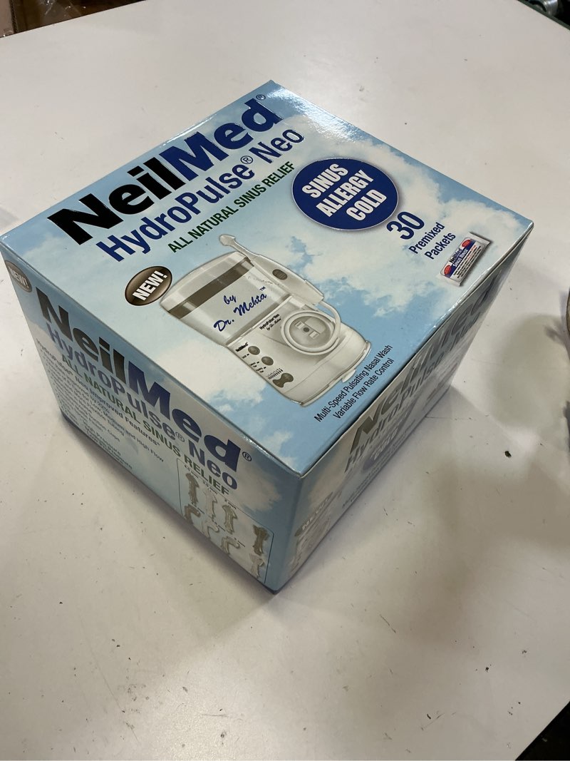 Condition photo showing New/Like New for neilmed hydropulse neo. multi-speed electric pulsating nasal sinus irrigation system with 30 sinus rinse premixed packets.