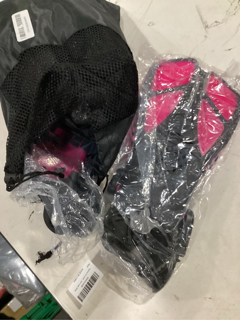 Condition photo showing New/Like New for viginsul snorkeling gear for kids teens, full face snorkel mask & adjustable swim fins snorkel set, panoramic view snorkel mask with dry top system & gear bag, anti-fog anti-leak pink