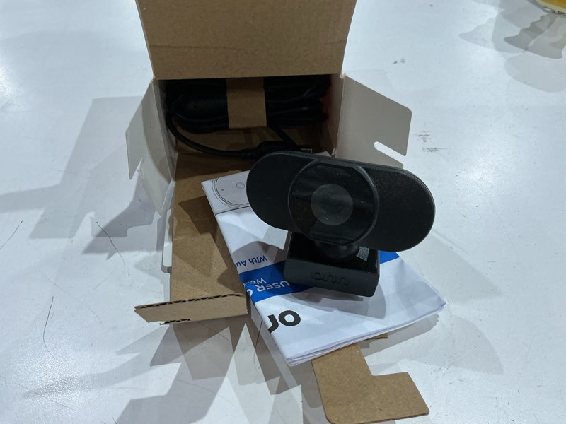 Condition photo showing As Is for onn 1440p webcam with autofocus and built-in microphone, adjustable,black