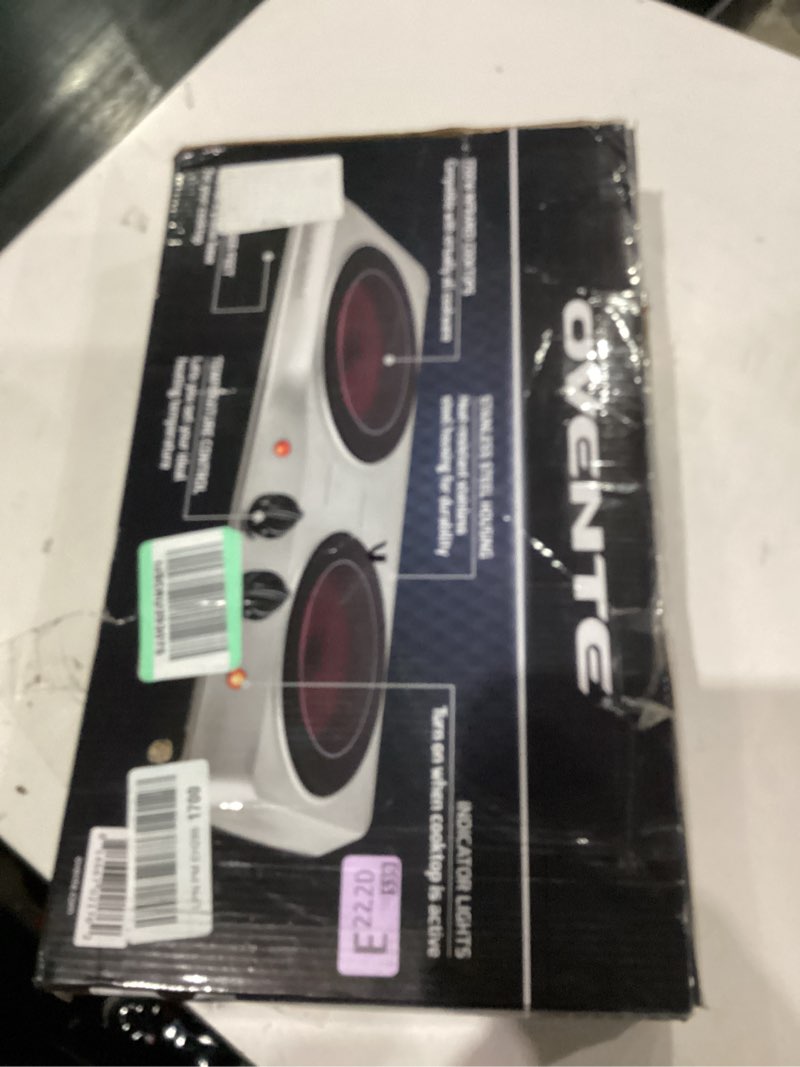 Condition photo showing As Is for OVENTE Countertop Infrared Double Burner, 1700W Electric Hot Plate and Portable Stove with 7.75" and 6.75" Ceramic Glass Cooktop, 5 Level Temperature Setting and Easy to Clean Base, Silver BGI102S BGI102S - Silver