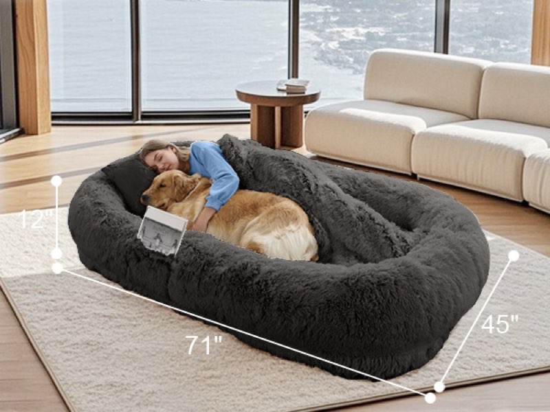 human dog bed for adults & pets, 63\\\"x32\\\"x10\\\" faux fur nap bed with pillow, blanket & strap, orthoped