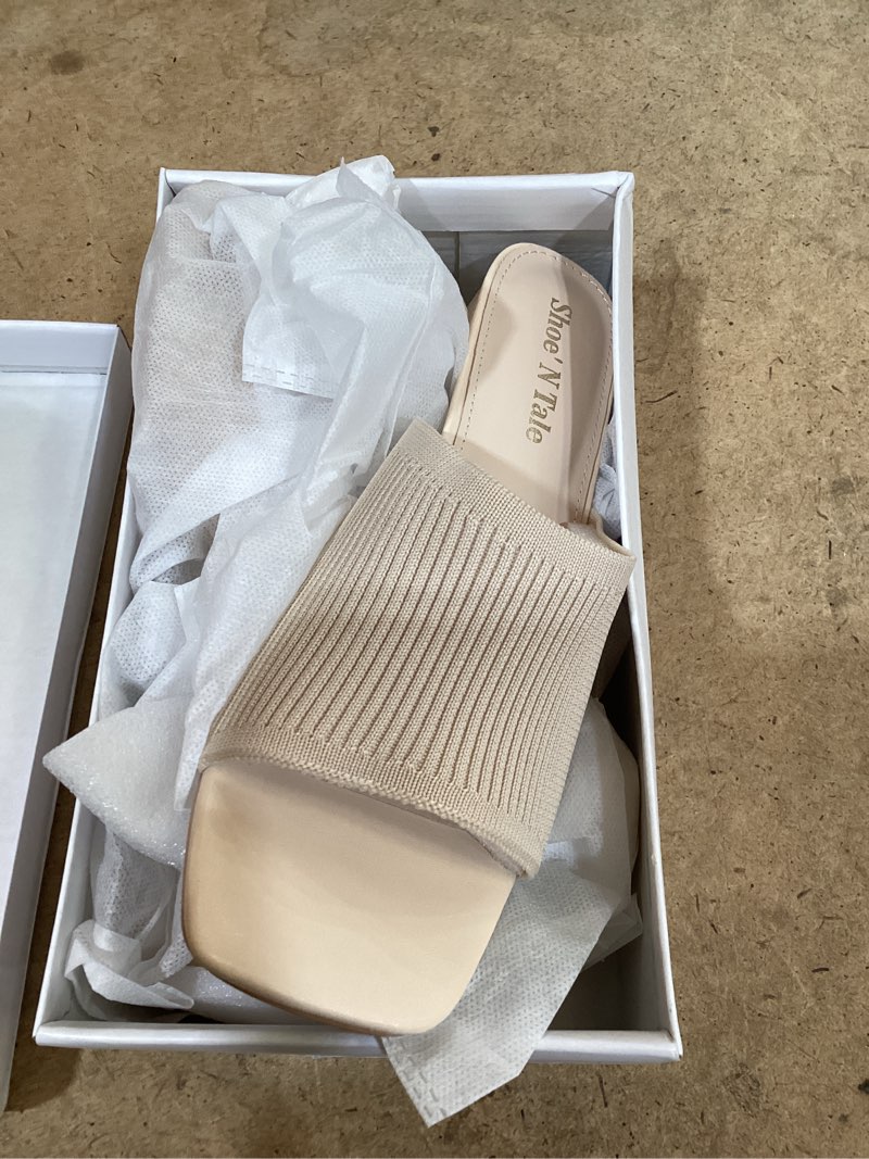 Condition photo showing Good Condition for shoe'n tale heeled sandals for women square open toe heeled mules chunky block low heel slip on slides 8 beige
