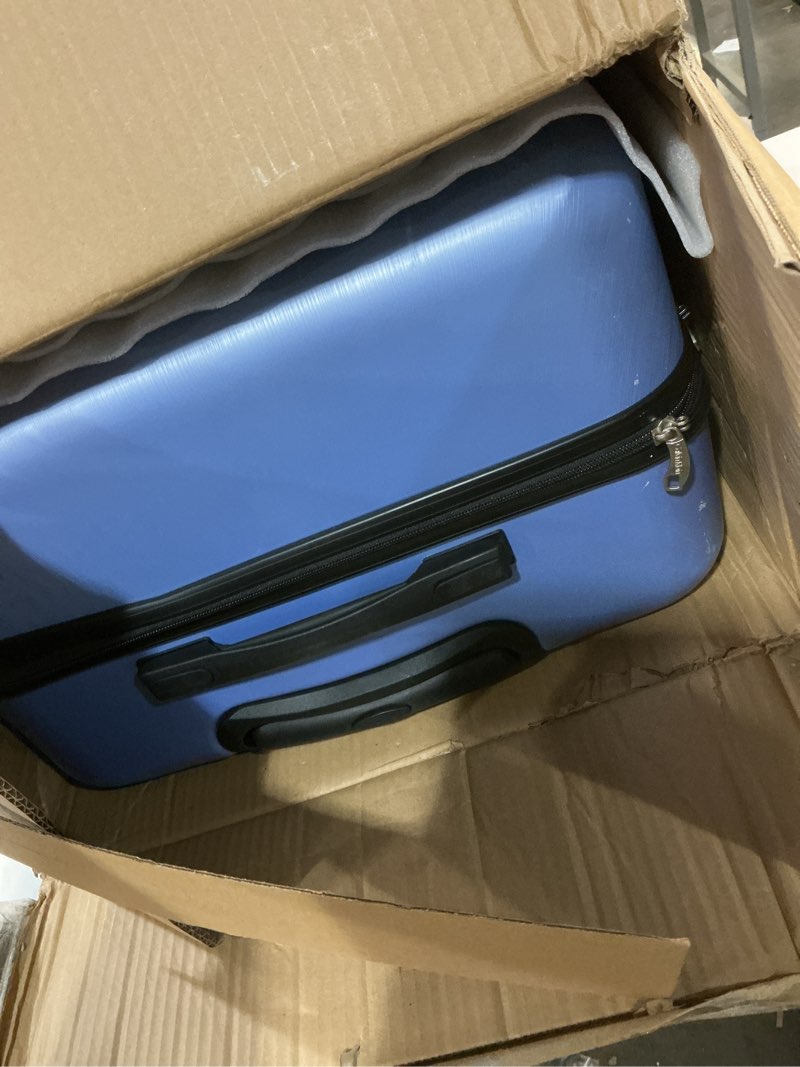 Condition photo showing As Is for Calvin Klein Women's Hard Side Upright Luggage Spinner Light Weight Suitcase, Forever Blue, Large Large Forever Blue