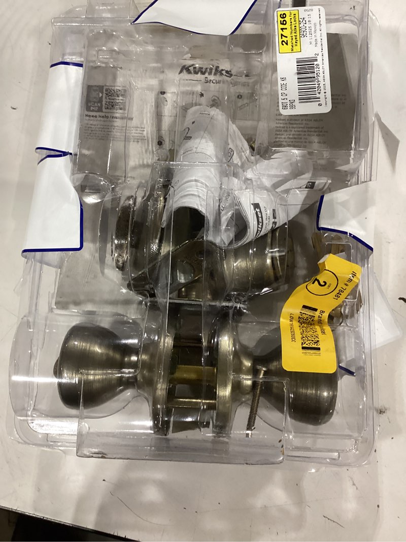 Condition photo showing As Is for tylo antique brass entry door knob and single cylinder deadbolt combo pack with microban antimicrobial technology