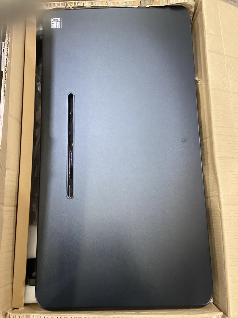 Condition photo showing As Is for 38? wide standing desk converter – sit-to-stand workstation for dual monitors, height adjustable up to 17.3? with large keyboard tray – black 38"