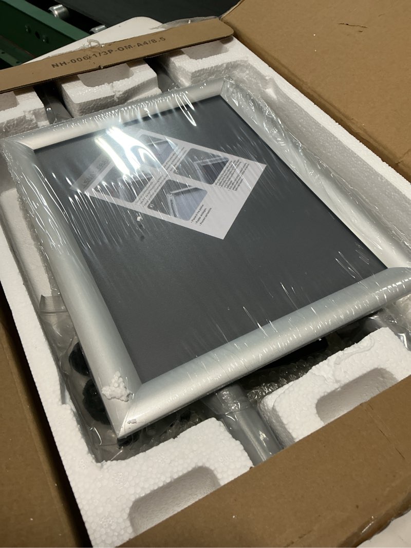 Condition photo showing New/Like New for heavy duty standing sign holder 8.5x11 inch - pedestal floor sign stand with weighted base - vertical & horizontal view poster/menu holder for indoor/outdoor business store advertising, silver sliver 8.5x11 in