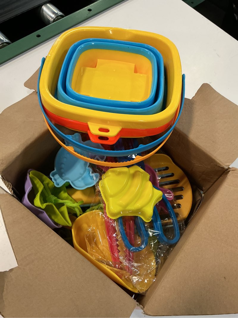 Condition photo showing Good Condition for beach sand toys for kids 4-8 with collapsible buckets sand molds mesh shovels and shell bags sand tool shell shark teeth collecting, beach travel essential outdoor sandbox toy for toddler 3 4 5 6