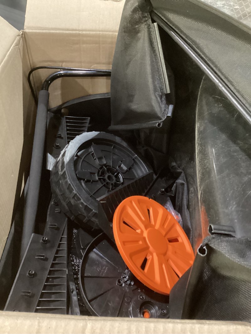 Condition photo showing As Is for vevor push lawn sweeper, 26 in leaf & grass collector with 7 cu. ft. hopper bag, adjustable brush height & spinning brushes, heavy duty yard sweeper with rubber wheels for leaves grass cleanup 26 inch upgraded version, not tested