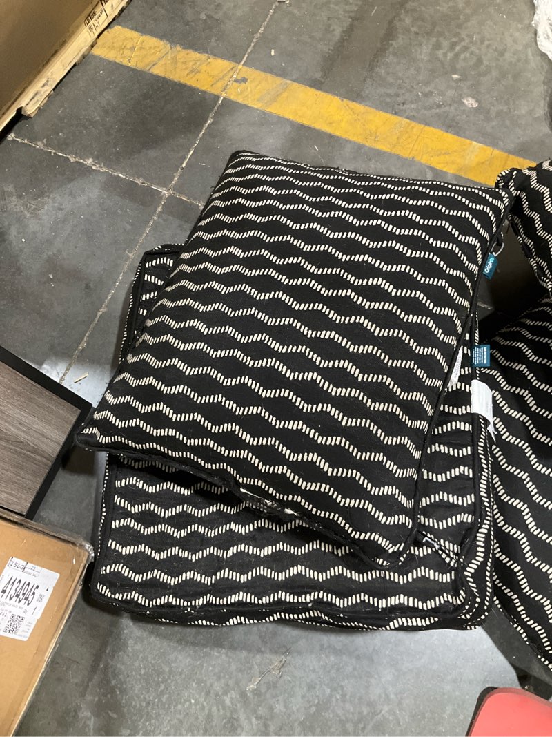 Condition photo showing As Is for origin 21 25-in x 25-in 2 -piece black helix jacquard deep seat patio chair cushion
