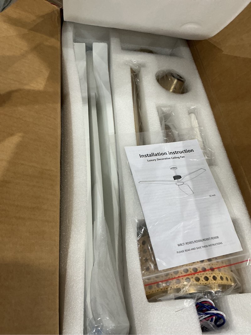 Condition photo showing Good Condition for ledlux 52" ceiling fan with light – remote control, solid wood, quiet reversible dc motor, white/gold finish, includes 4.5"/12" downrods, noiseless ceiling fan for bedroom, living room, porch gold/white 52"