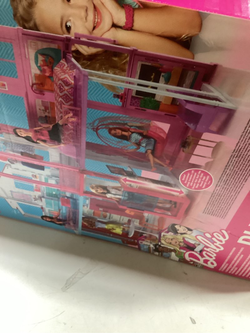 Condition photo showing New/Like New for Barbie 3-Story Townhouse Dollhouse with Elevator, Swing Chair, Furniture and Accessories, Fold for Portability and Travel (Amazon Exclusive)