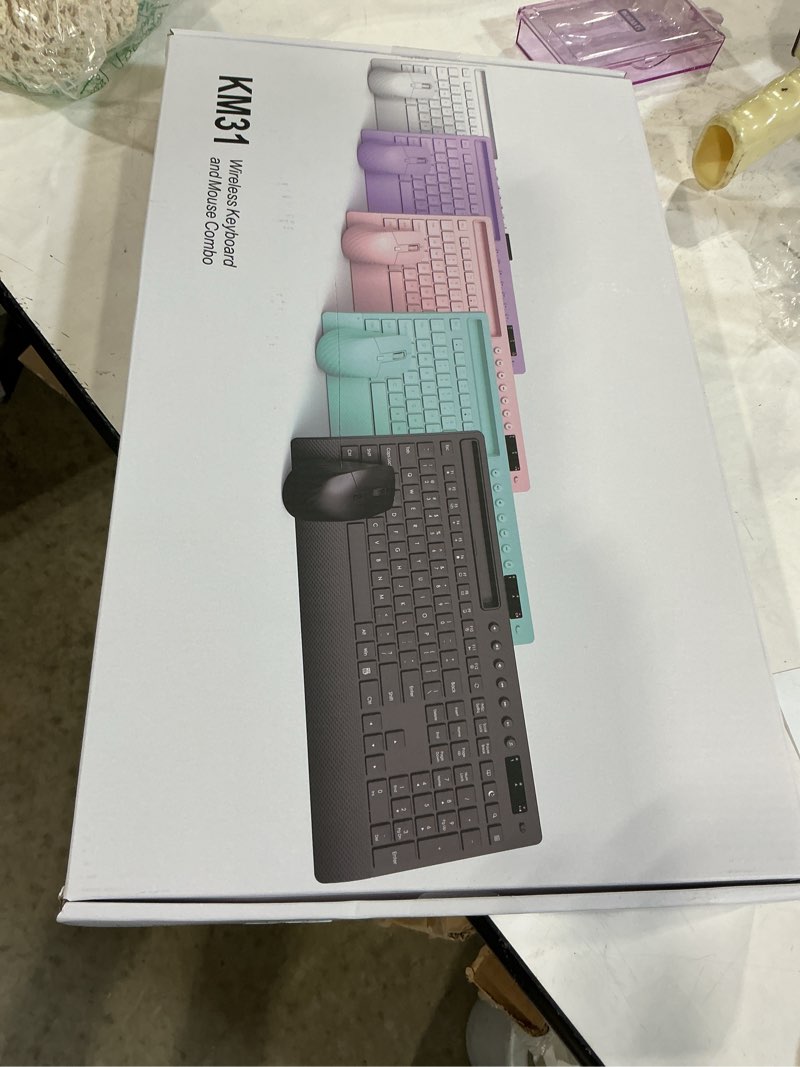 Condition photo showing Good Condition for trueque km31 wireless keyboard and mouse combo - full-size quiet typing with palm rest, phone holder, multimedia keys, power switch, batteries included, compatible with windows, chrome os, pc, laptop black