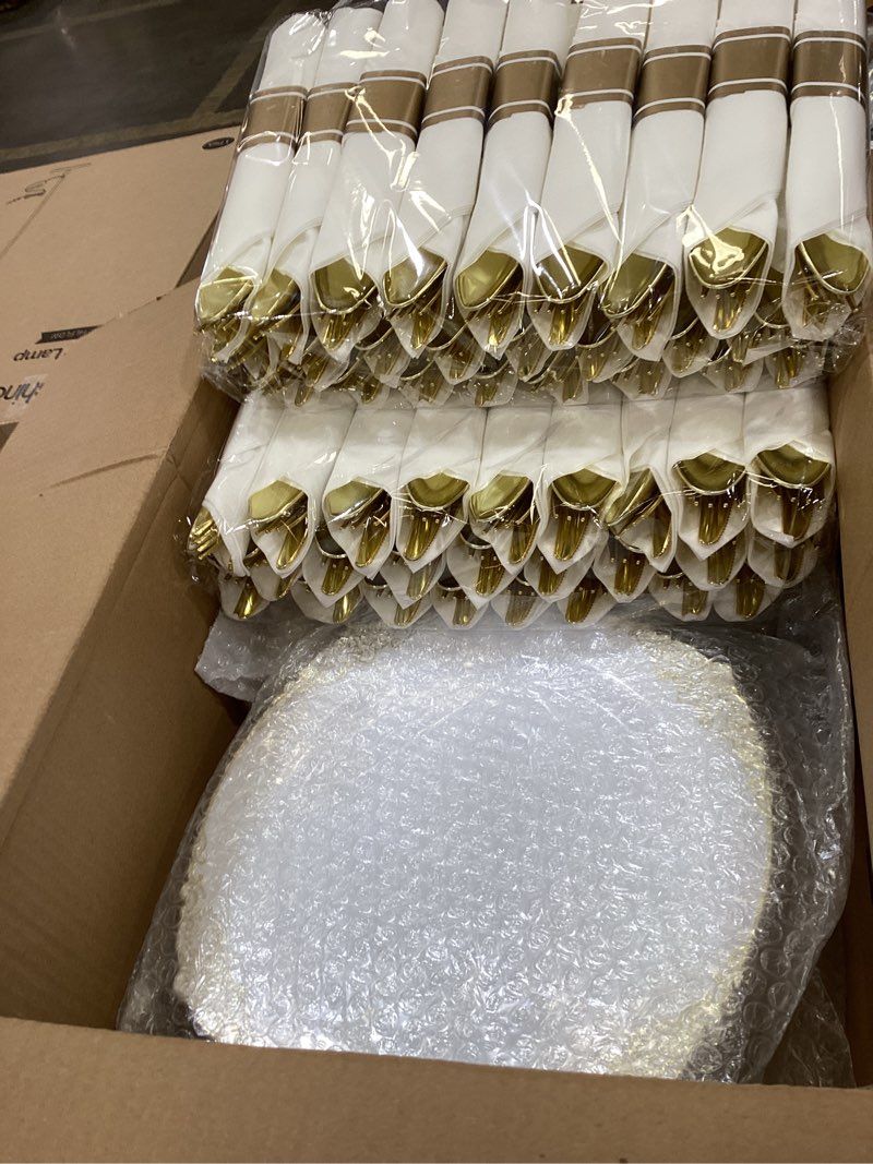 Condition photo showing Good Condition for bestluck 350pcs gold plastic plates for 50 guests, disposable dinnerware sets include 100 gold rim plastic plates, 50 silverwares, 50 cups, and 50 pre rolled napkins for party, wedding, graduation gold 50 guests set