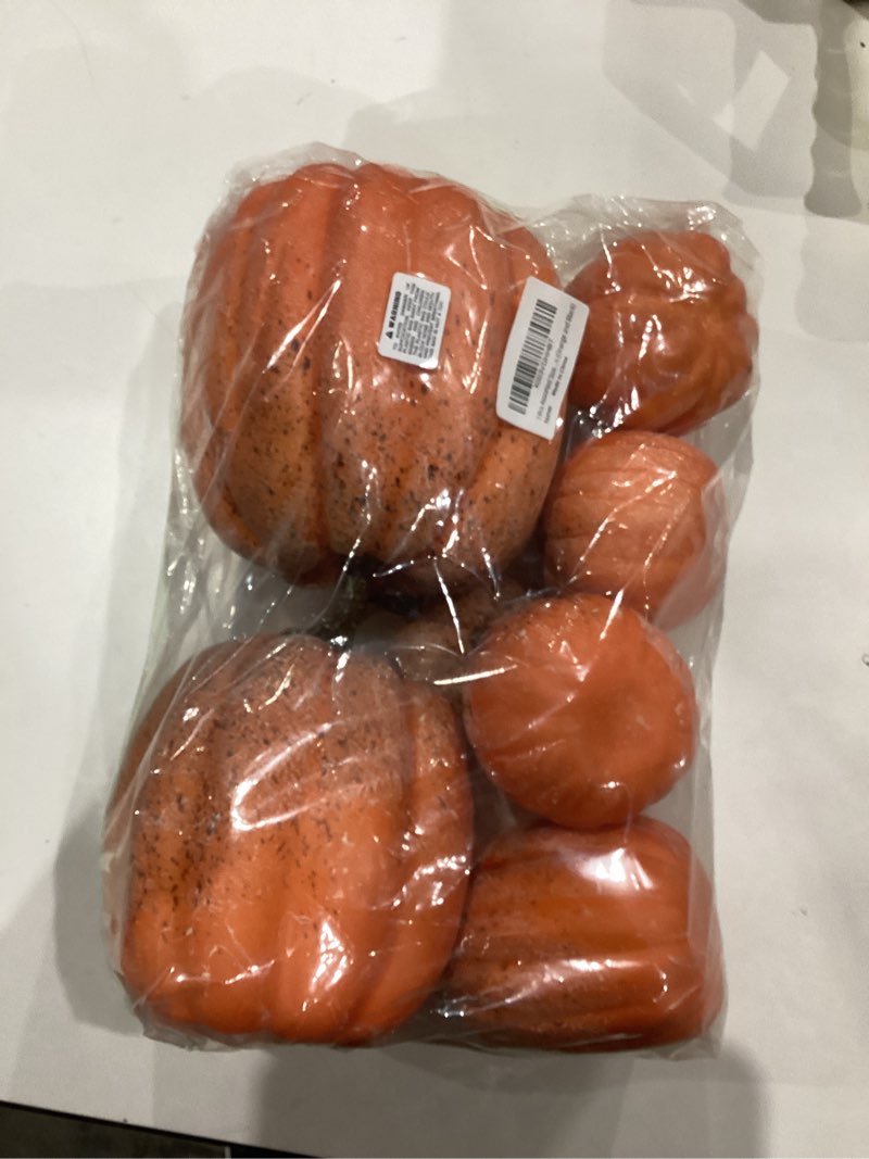 Condition photo showing As Is for Winlyn 7 Pcs Assorted Orange and Black Artificial Pumpkins Harvest Decorative Pumpkins for Rustic Farmhouse Fall Wedding Thanksgiving Halloween Table Centerpiece Mantel Shelf Seasonal Décor