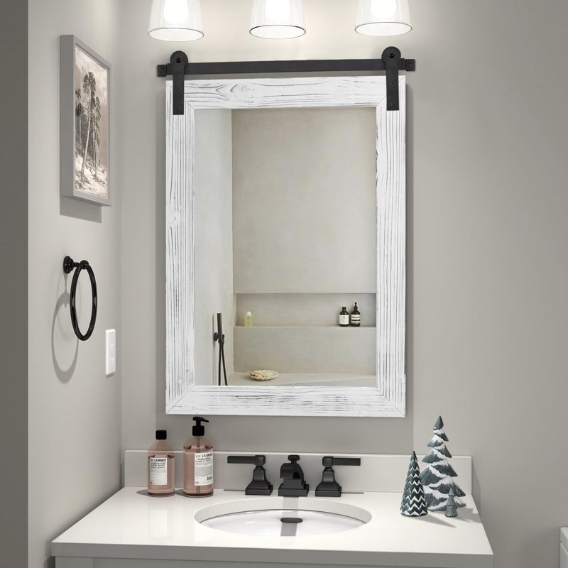 COGOOD Farmhouse Barn Door Mirror - 21\" x 30\" Rustic Wood Framed Wall Mirror for Bathroom, Living Ro
