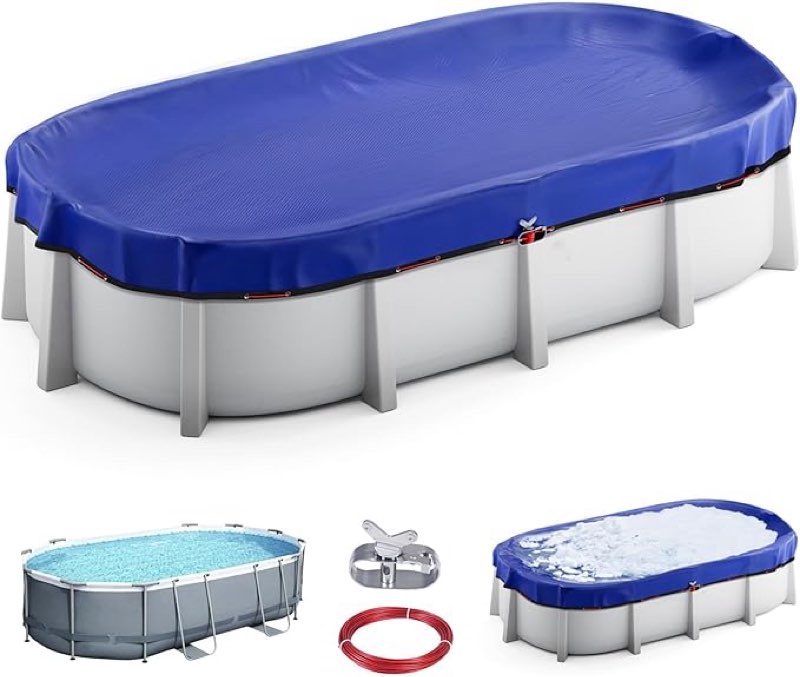 uirway upgraded 15x30 ft oval winter pool cover- 200gsm heavy duty fabric pool cover for above ground pools, extra thick & durable, cold and uv resistant, includes winch and cable set 15x30 ft oval pool cover pe-blue(oval)
