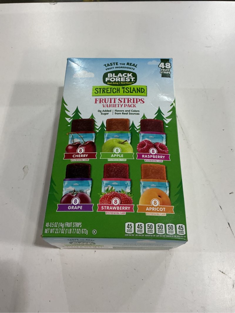 Condition photo showing New/Like New for Best by 03/26 Stretch Island Black Forest Fruit Strips, Variety Pack, Cherry, Apple, Raspberry, Grape, Strawberry, Apricot, 0.5ounce Strips (Pack of 48)