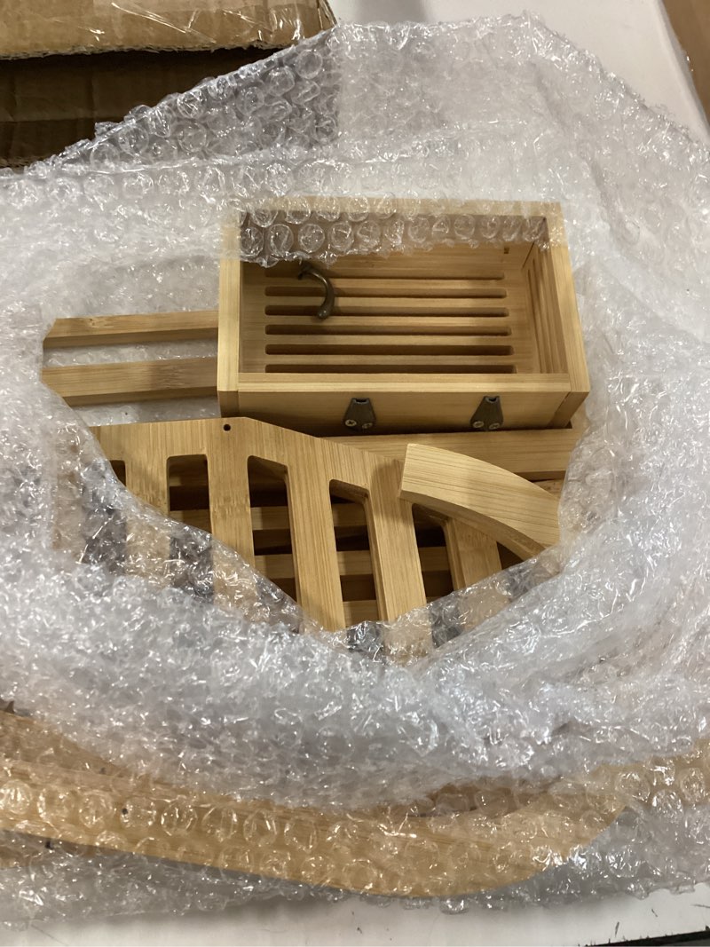 Condition photo showing Good Condition for novabright bamboo wood shower caddy hanging 11 x 8.75 x 5.9 inch waterproof shower organizer with hooks, over rod, bathtub walls for bathrooms bathtubs, shampoo, conditioner, soap, bath accessories