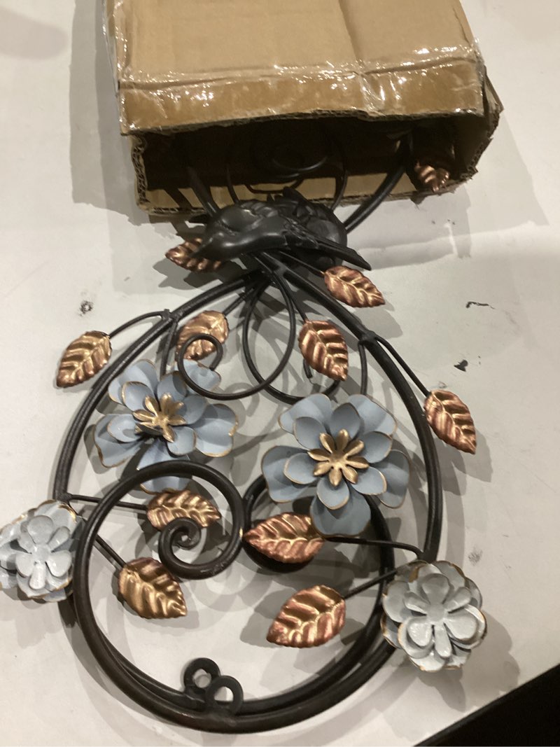 Condition photo showing Good Condition for Birminwind Metal Flower Wall Art for Living Room: 2pcs 3D Floral Wall Décor with Leaves Bird for Bedroom Kitchen - 15.16" Vintage Black and Gold Iron Decoration Outdoor