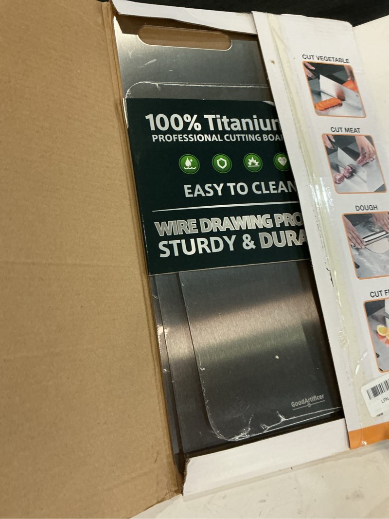 Condition photo showing Good Condition for titanium cutting boards set of 3, 100% pure titanium kitchen cutting board, double-sided non-toxic cutting board, ideal for slicing and dicing meats, features handle, dishwasher safe silver 16"l*10"w(s+m+l)