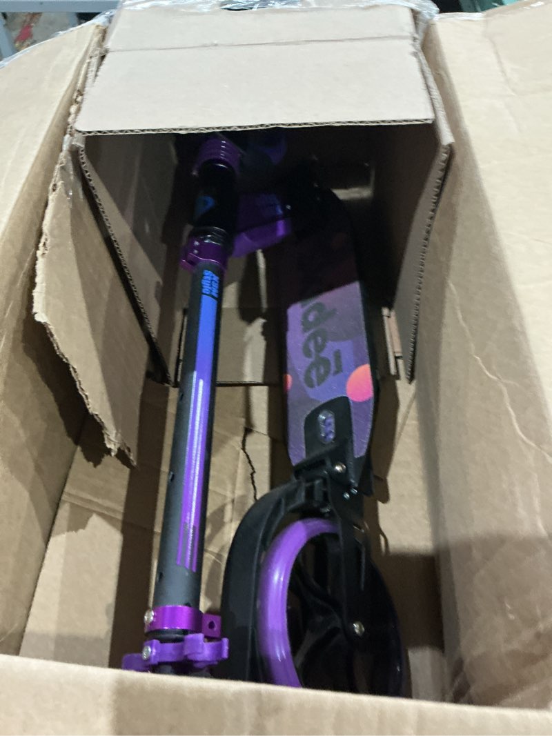Condition photo showing As Is for skidee adult & teen scooter adjustable height, folding, large wheels, lightweight, durable, anti-shock suspension, up to 220 lbs deep space